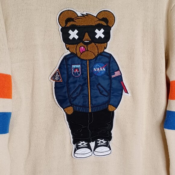 Black Pike Nasa Bear Sweater Mens XL Beige Knit Long Sleeve Blokecore Striped - Picture 4 of 9
